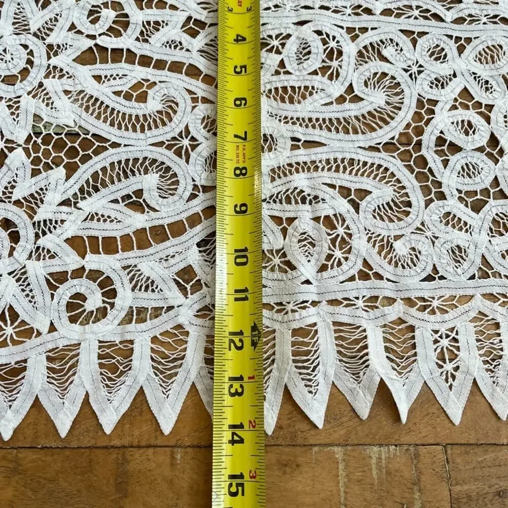 Vintage Table Runner 14 x 46.5 in White Battenburg Lace Intricate Floral Spike